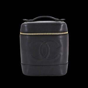 Chanel Vanity Hand Bag Caviar Leather Black CC Logo Gold